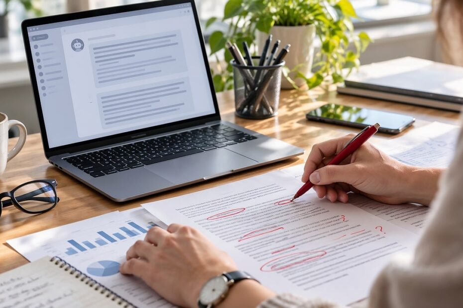 office, desk, document review, editing, laptop, paperwork, productivity, proofreading, critical thinking, technology, red pen, document, workspace, artificial intelligence, people, green plant, business environment, handwritten notes, data analysis, human oversight role